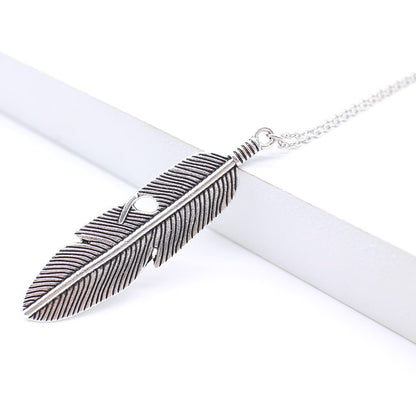 Feather Necklace Leaves Long Chain Pendant