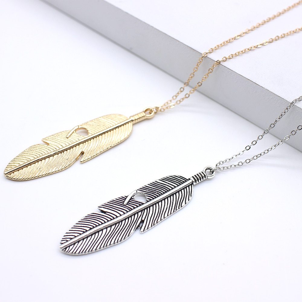 Feather Necklace Leaves Long Chain Pendant
