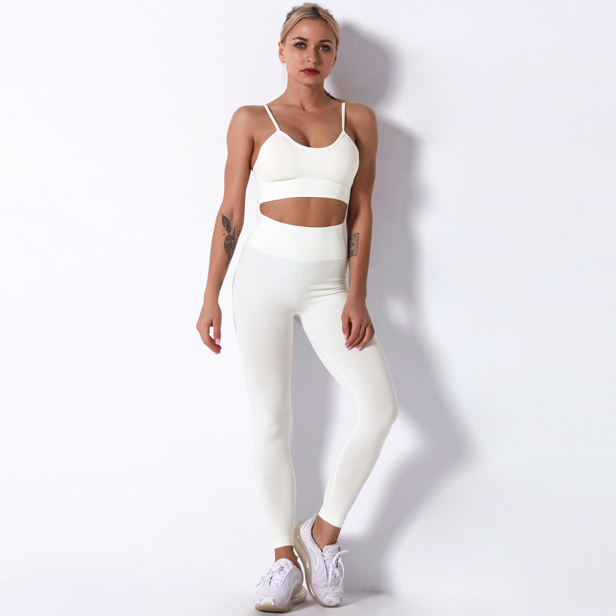 Seamless Knitted Solid Color Spaghetti Strap Bra Yoga Pants Sports Two-piece Set