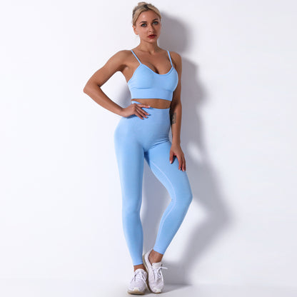 Seamless Knitted Solid Color Spaghetti Strap Bra Yoga Pants Sports Two-piece Set