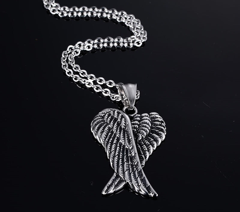 Stainless Steel Angel Wings Men's Pendant Necklace Men Necklaces Gothic Vintage Double Angel Wings Pendant Fashion Biker jewellery