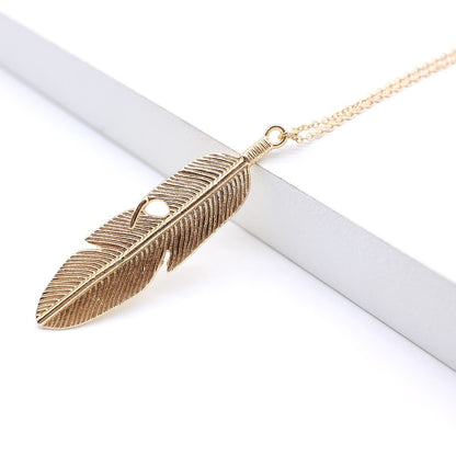 Feather Necklace Leaves Long Chain Pendant