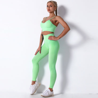 Seamless Knitted Solid Color Spaghetti Strap Bra Yoga Pants Sports Two-piece Set