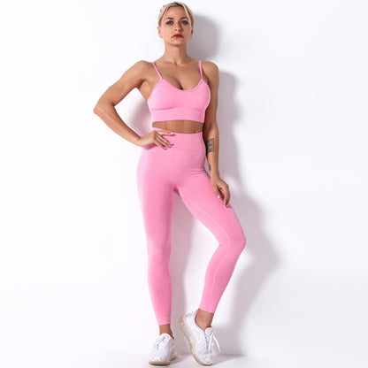 Seamless Knitted Solid Color Spaghetti Strap Bra Yoga Pants Sports Two-piece Set